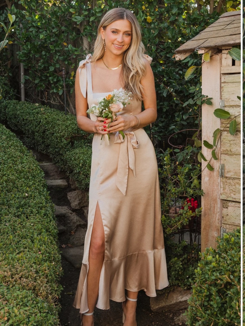 Show Me Your MuMu Champagne Satin Midi Dress with Side Slit